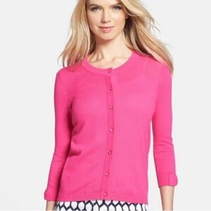 Kate Spade Somerset Bright Pink Button Down Cardigan Sweater Knit Bow Cuffs Med